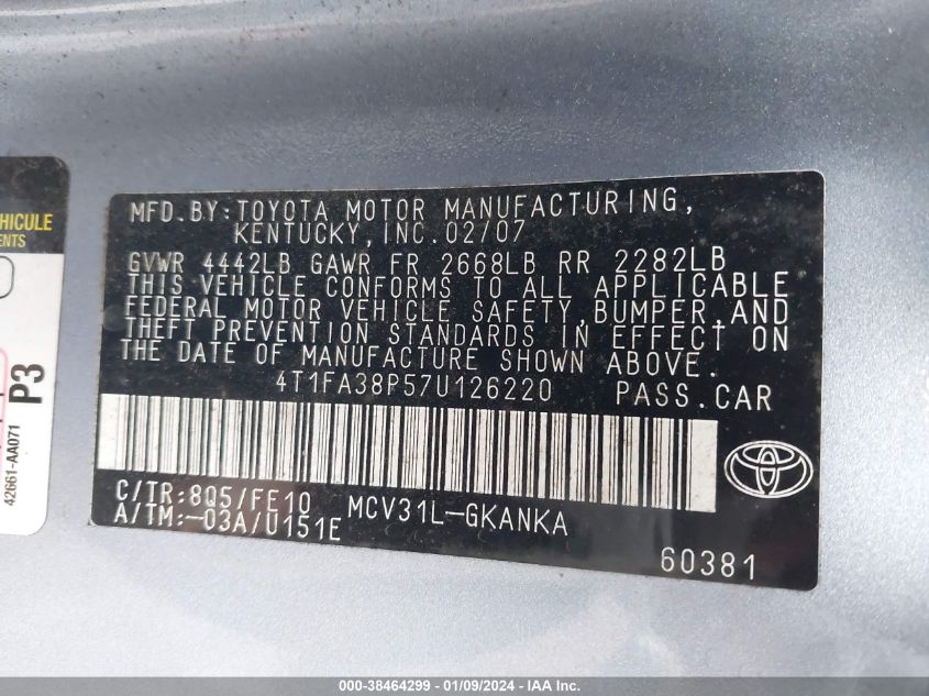 4T1FA38P57U126220 2007 Toyota Camry Solara Se