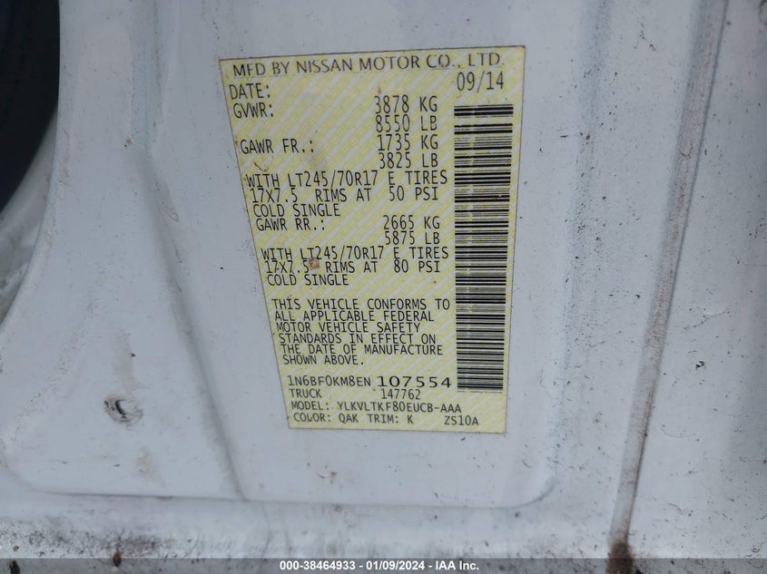 2014 Nissan Nv Cargo Nv1500 Sv V6 VIN: 1N6BF0KM8EN107554 Lot: 38464933