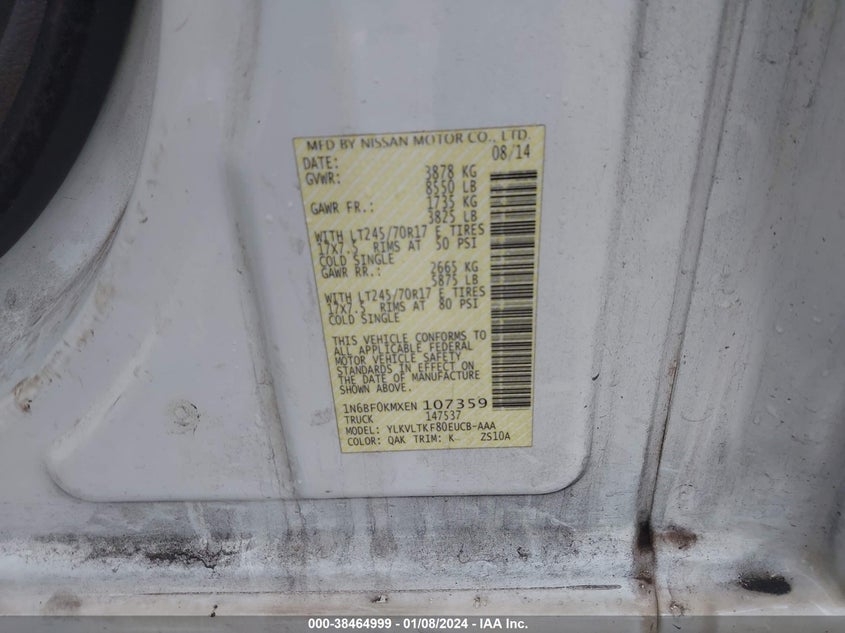 2014 Nissan Nv Cargo Nv1500 Sv V6 VIN: 1N6BF0KMXEN107359 Lot: 38464999