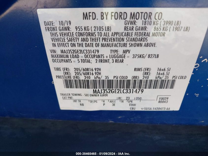 2020 Ford Ecosport Se VIN: MAJ3S2GE2LC331479 Lot: 38465465