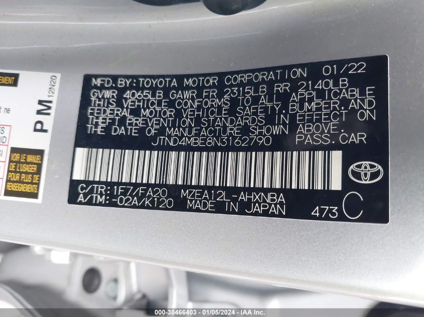 JTND4MBE8N3162790 2022 Toyota Corolla Se Nightshade Edition