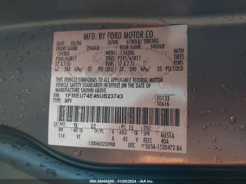 1FMEU74E46UB23743 2006 Ford Explorer Eddie Bauer