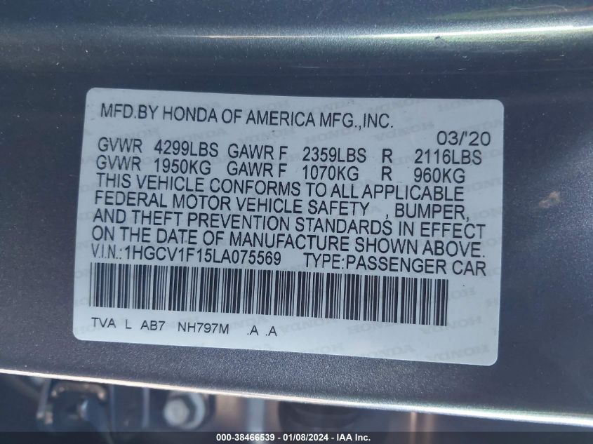 1HGCV1F15LA075569 2020 Honda Accord Lx