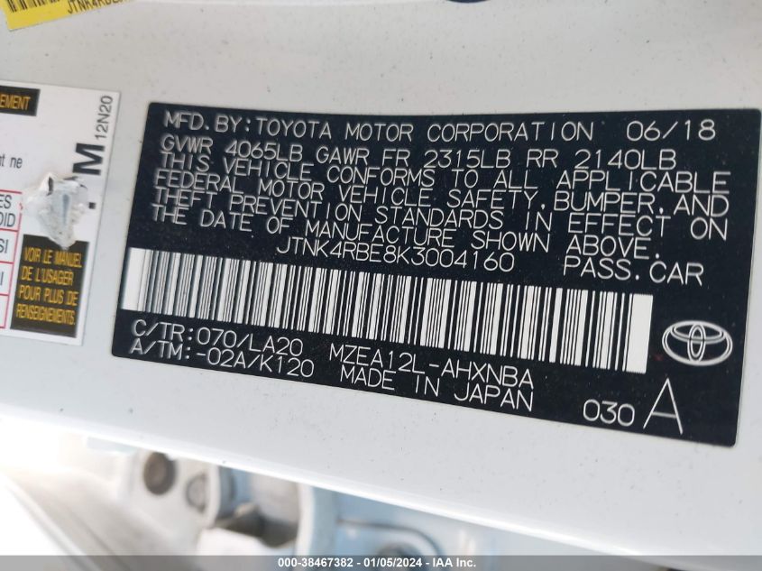 JTNK4RBE8K3004160 2019 Toyota Corolla Xse