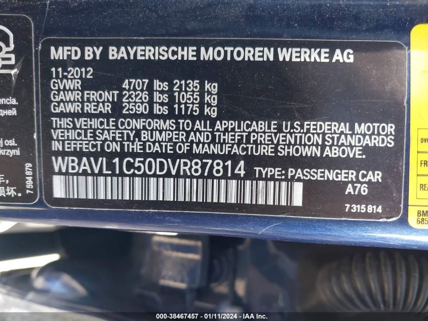2013 BMW X1 xDrive28I VIN: WBAVL1C50DVR87814 Lot: 38467457