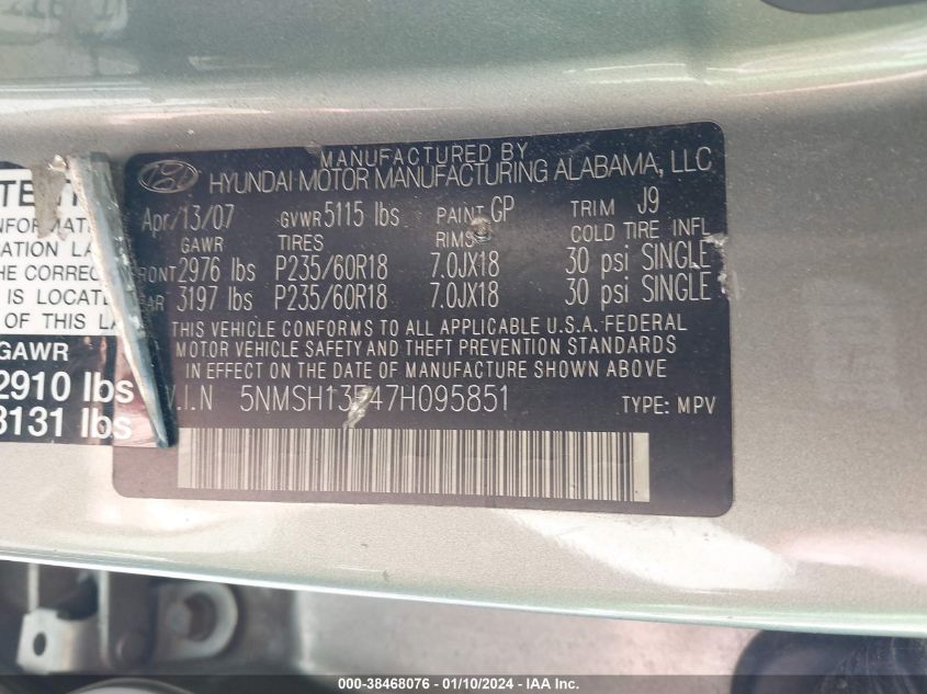 5NMSH13E47H095851 2007 Hyundai Santa Fe Limited/Se