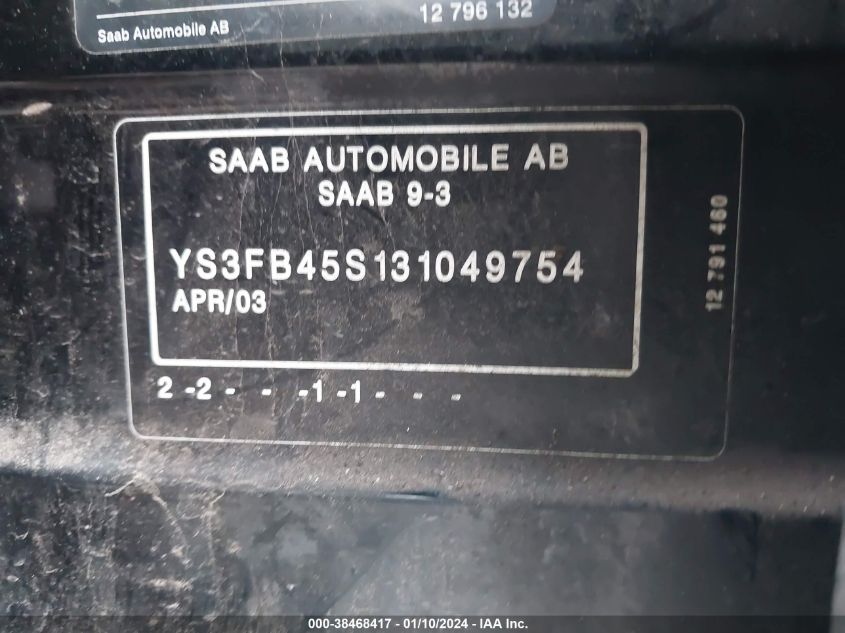 YS3FB45S131049754 2003 Saab 9-3 Linear