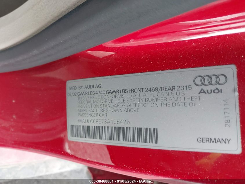 WAULC68E73A108425 2003 Audi A4 1.8T