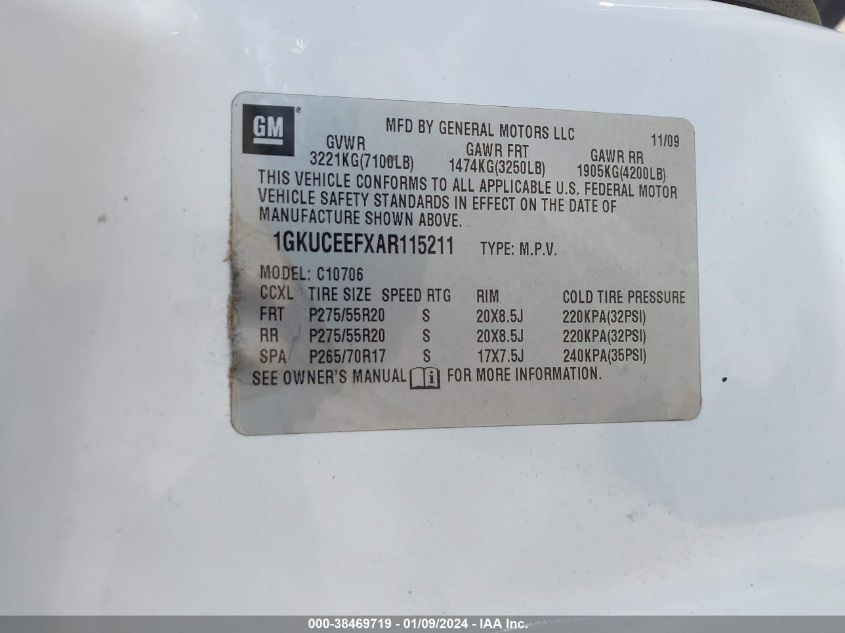 2010 GMC Yukon Denali VIN: 1GKUCEEFXAR115211 Lot: 38469719