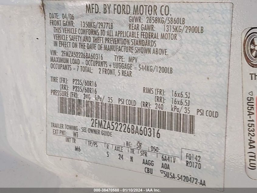 2FMZA52226BA60316 2006 Ford Freestar Sel