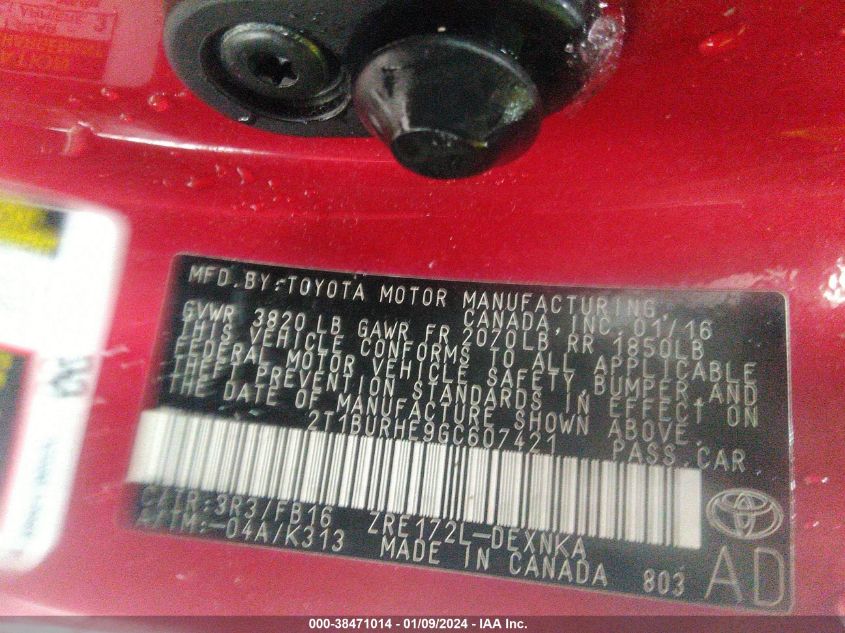 2T1BURHE9GC607421 2016 Toyota Corolla Le