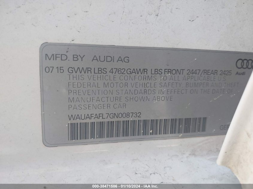 WAUAFAFL7GN008732 2016 Audi A4 2.0T Premium