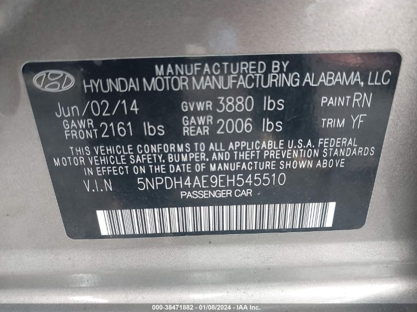 2014 Hyundai Elantra Se VIN: 5NPDH4AE9EH545510 Lot: 38471882