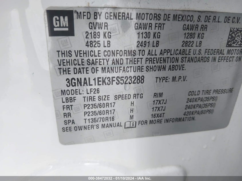 2015 CHEVROLET CAPTIVA SPORT 1LS 3GNAL1EK3FS523288