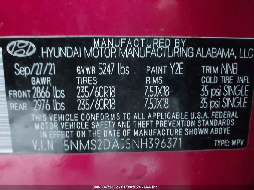 2022 Hyundai Santa Fe Sel VIN: 5NMS2DAJ5NH396371 Lot: 38472082