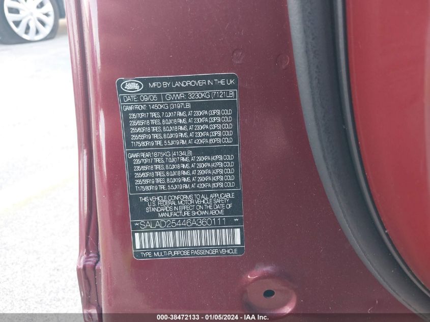 2006 Land Rover Lr3 V8 Se VIN: SALAD25446A360111 Lot: 38472133