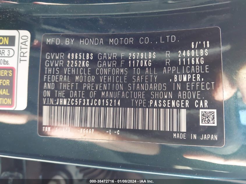 JHMZC5F3XJC015214 2018 Honda Clarity Plug-In Hybrid Touring