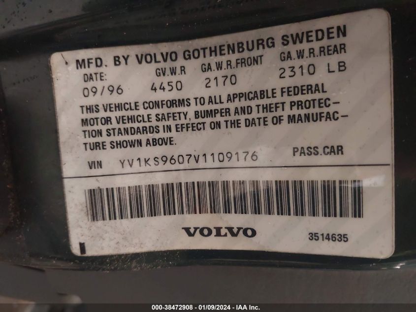 1997 Volvo 960 Base/Base (A4) VIN: YV1KS9607V1109176 Lot: 38472908