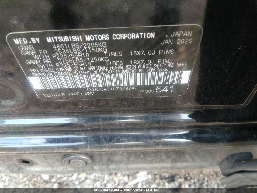 2020 Mitsubishi Outlander Le 2.4/Se 2.4/Sel 2.4/Sp 2.4 VIN: JA4AD3A31LZ029942 Lot: 38472984
