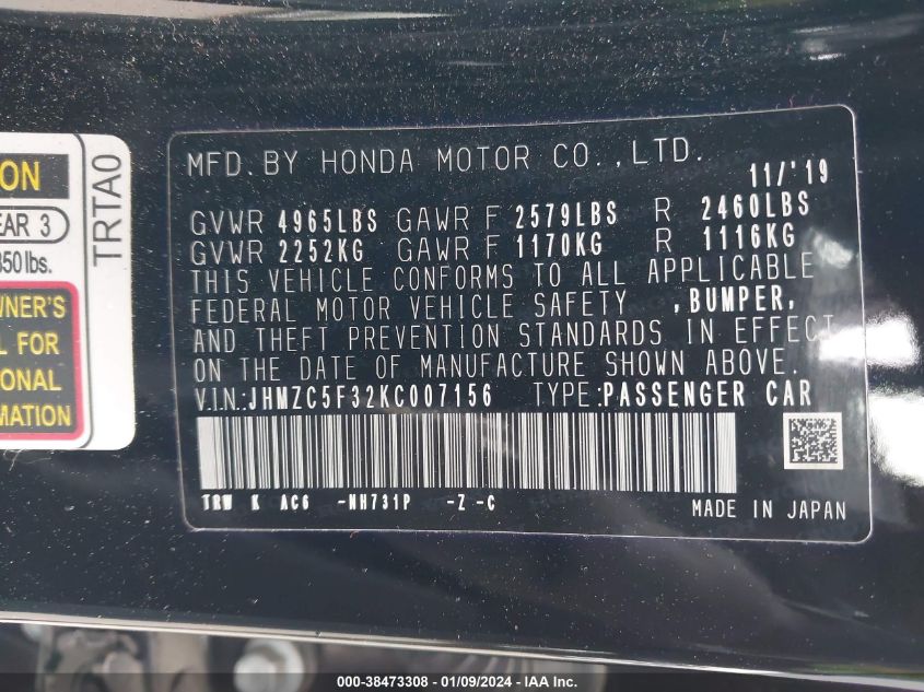 JHMZC5F32KC007156 2019 Honda Clarity Plug-In Hybrid Touring