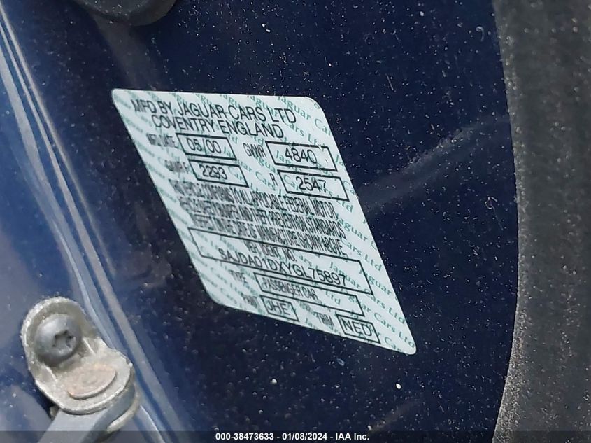 2000 Jaguar S-Type 4.0L V8 VIN: SAJDA01DXYGL75897 Lot: 38473633