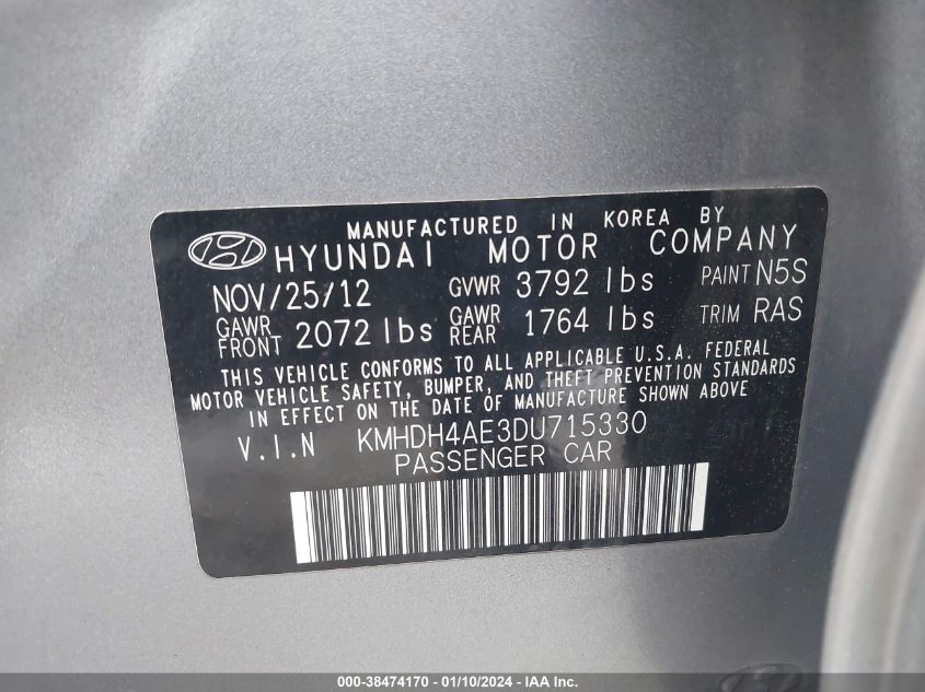 2013 Hyundai Elantra Limited (Ulsan Plant) VIN: KMHDH4AE3DU715330 Lot: 38474170