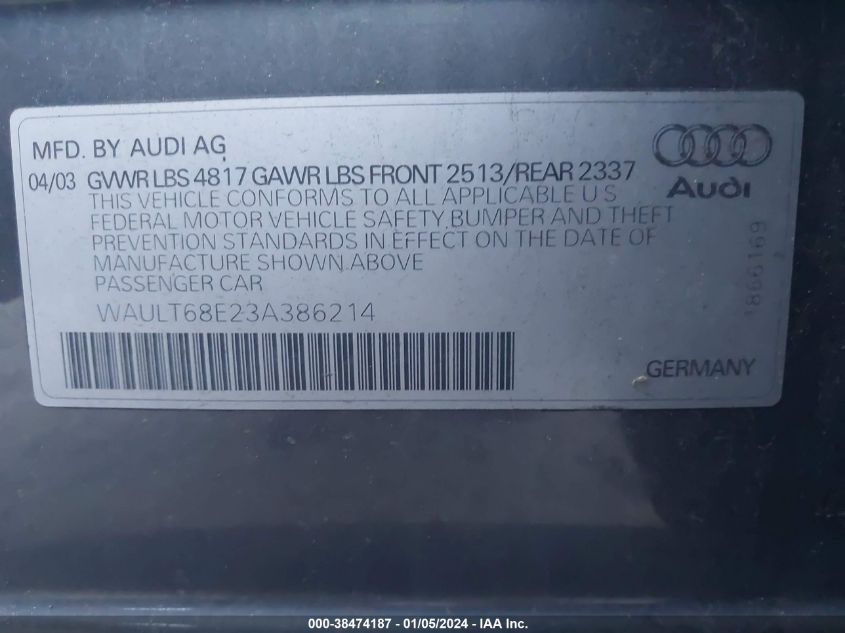 WAULT68E23A386214 2003 Audi A4 3.0