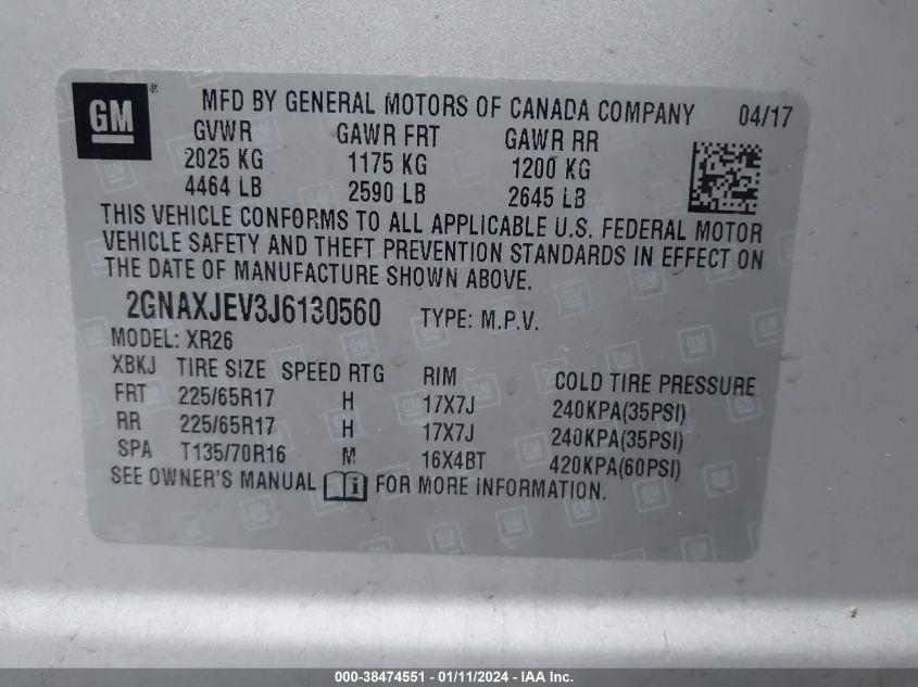 2GNAXJEV3J6130560 2018 Chevrolet Equinox Lt