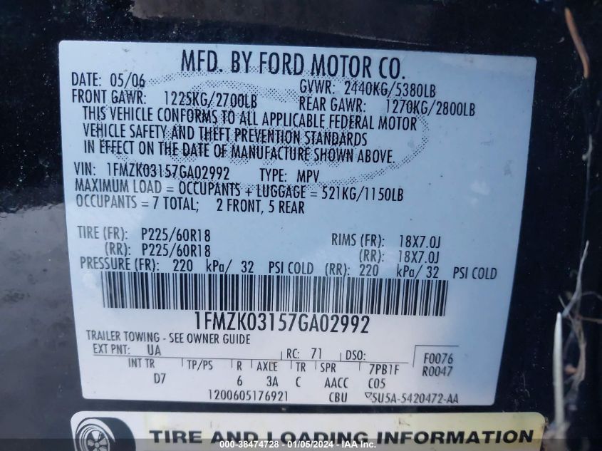 1FMZK03157GA02992 2007 Ford Freestyle Limited