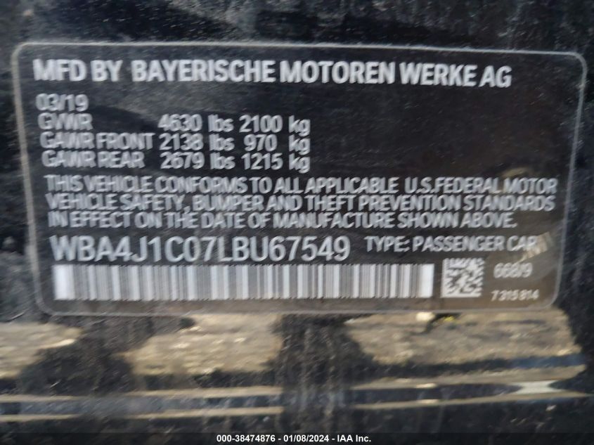 2020 BMW 4 Series 430I VIN: WBA4J1C07LBU67549 Lot: 38474876