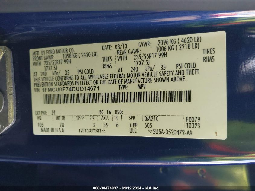 1FMCU0F74DUD14671 2013 Ford Escape S