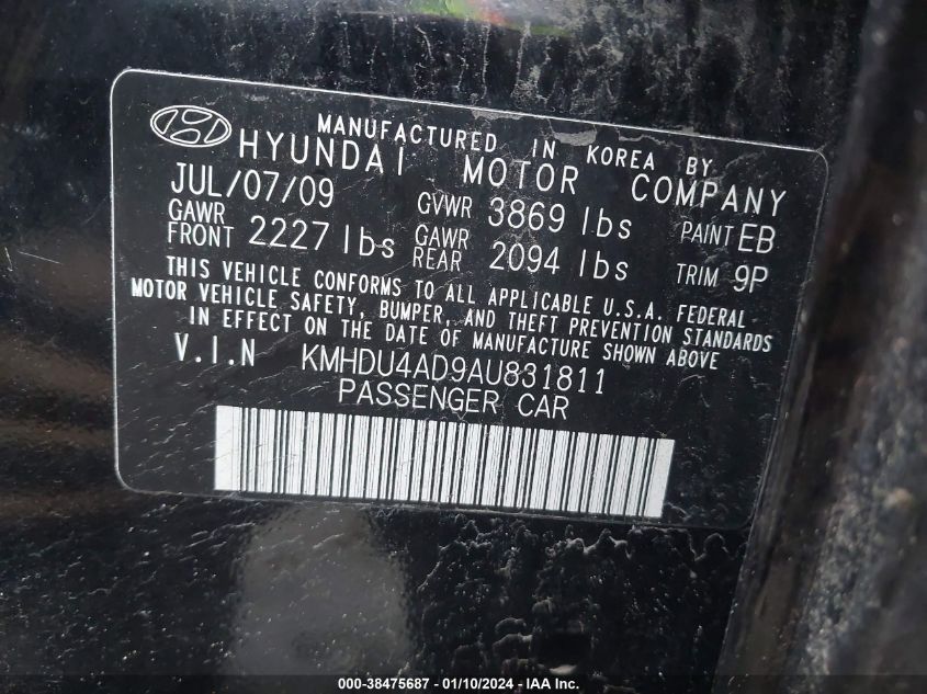 2010 Hyundai Elantra Se VIN: KMHDU4AD9AU831811 Lot: 38475687