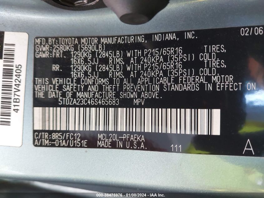 5TDZA23C46S465683 2006 Toyota Sienna Le