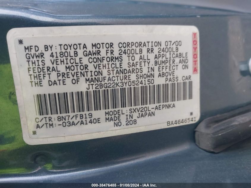 JT2BG22K3Y0524150 2000 Toyota Camry Le