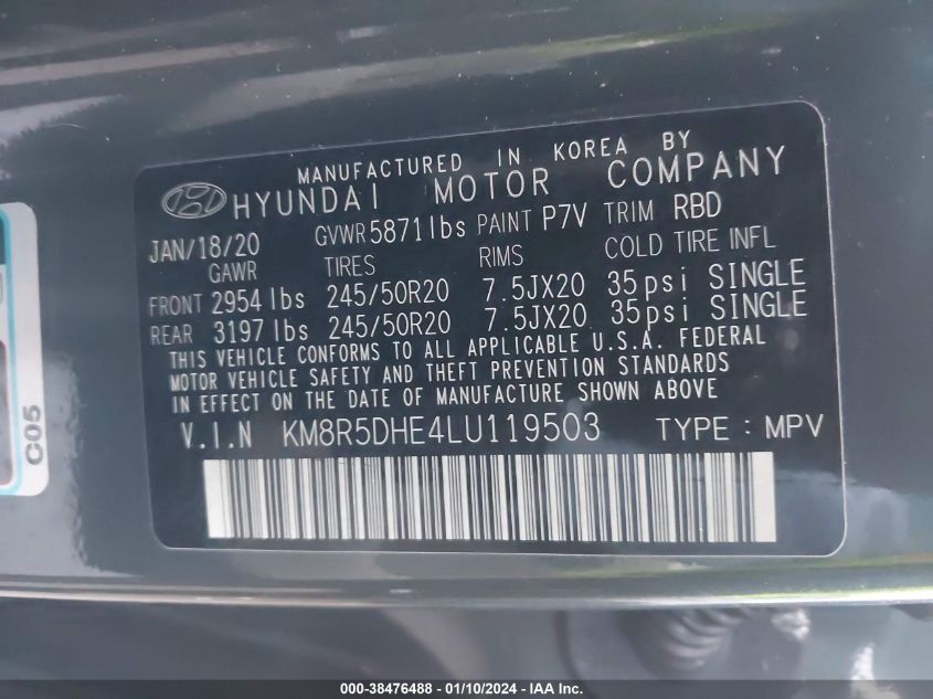 KM8R5DHE4LU119503 2020 Hyundai Palisade Limited