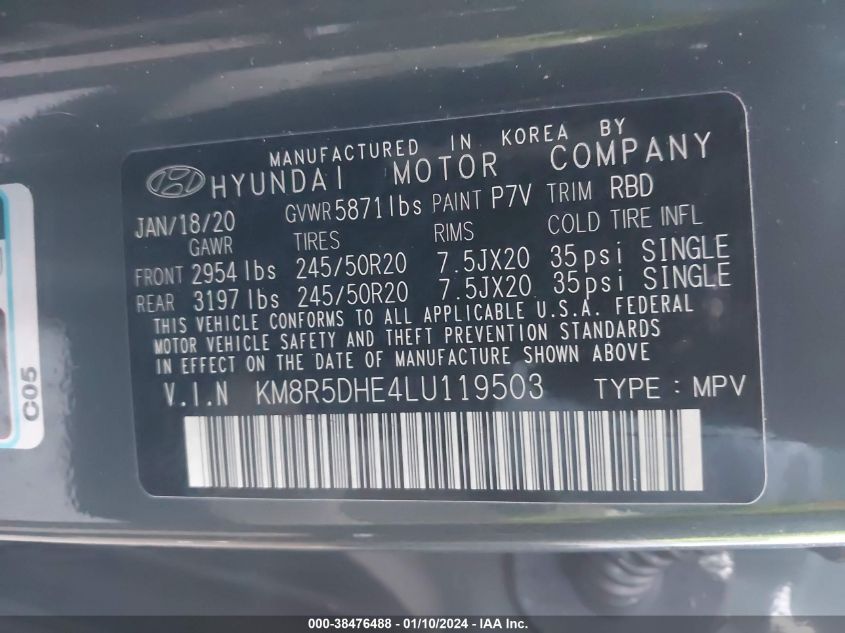 2020 Hyundai Palisade Limited VIN: KM8R5DHE4LU119503 Lot: 38476488