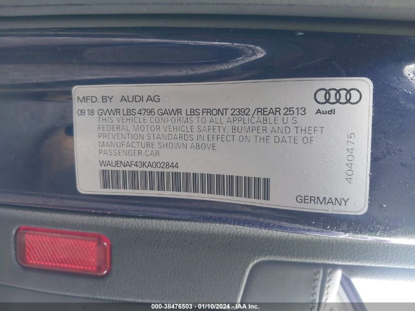 WAUENAF43KA002844 2019 Audi A4 45 Premium