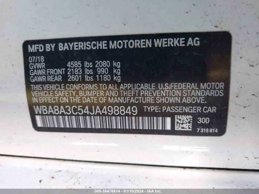 2018 BMW 320I xDrive VIN: WBA8A3C54JA498849 Lot: 38476614