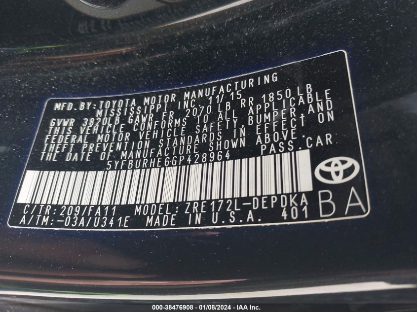 5YFBURHE6GP428964 2016 Toyota Corolla L