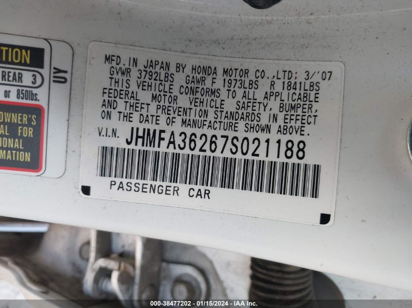 JHMFA36267S021188 2007 Honda Civic Hybrid