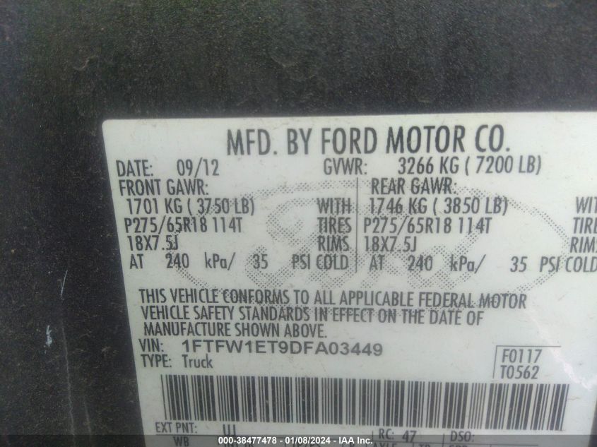 1FTFW1ET9DFA03449 2013 Ford F-150 Lariat