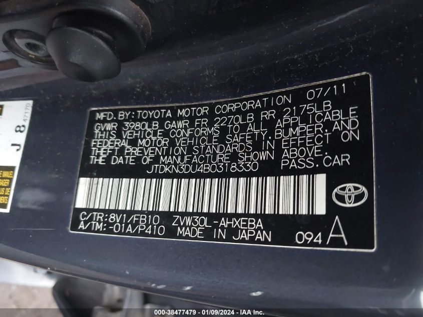 JTDKN3DU4B0318330 2011 Toyota Prius Two