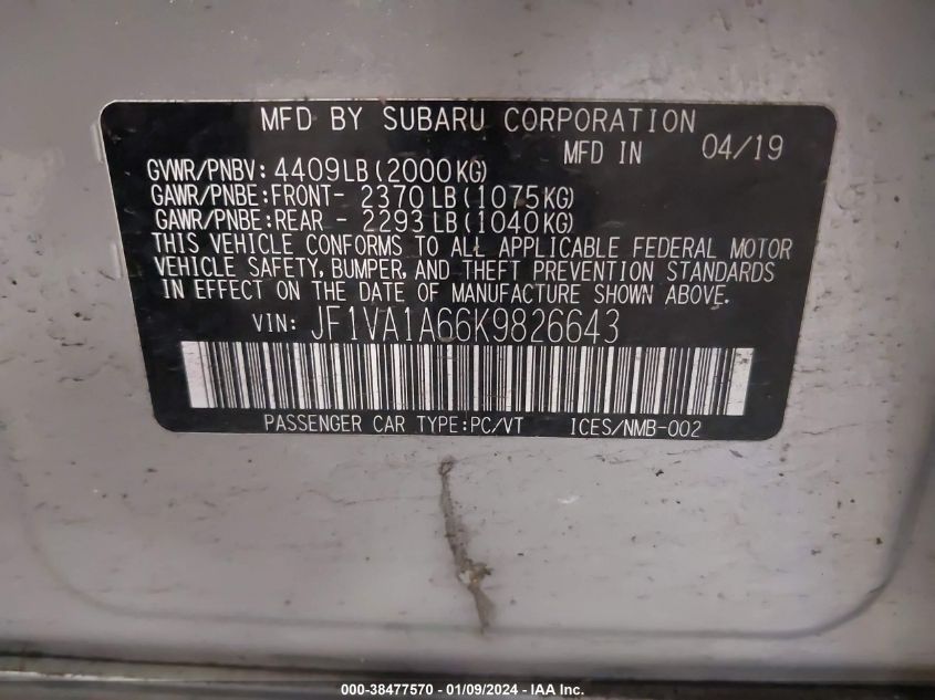 JF1VA1A66K9826643 2019 Subaru Wrx