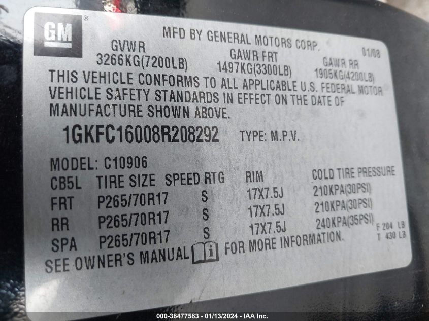 1GKFC16008R208292 2008 GMC Yukon Xl 1500 Slt