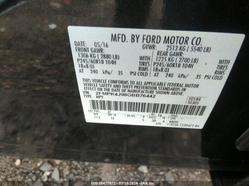 2FMPK4J98GBB76442 2016 Ford Edge Sel