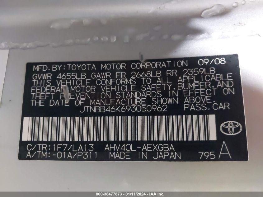 JTNBB46K693050962 2009 Toyota Camry Hybrid