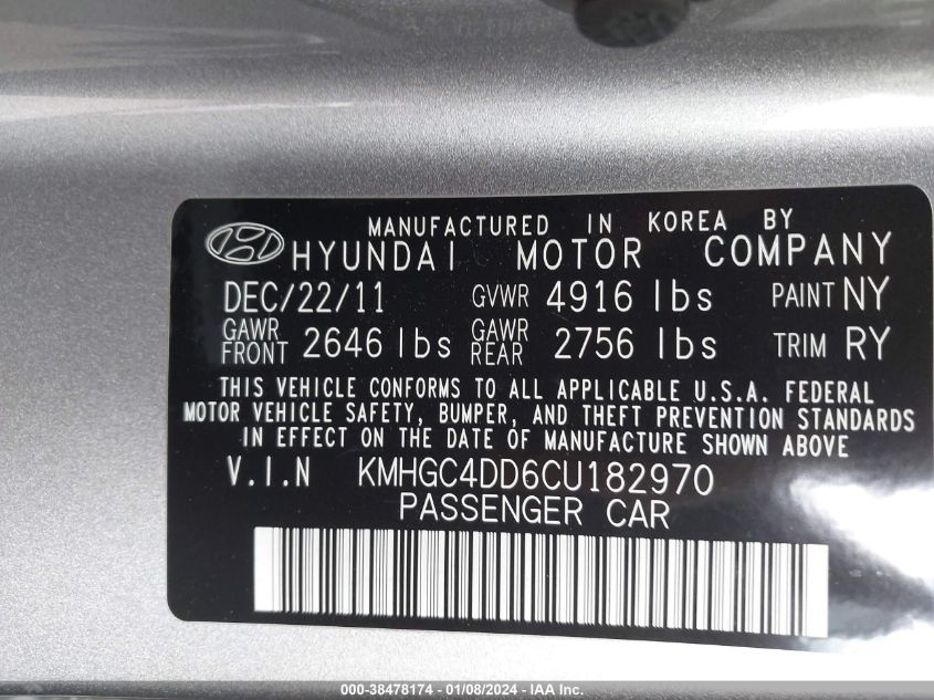 2012 Hyundai Genesis 3.8 VIN: KMHGC4DD6CU182970 Lot: 38478174