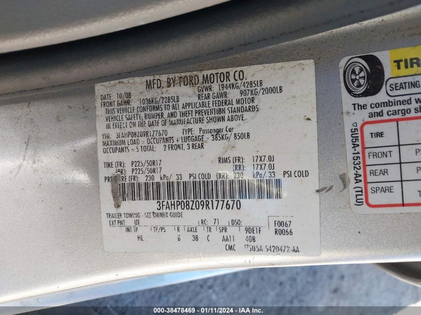 3FAHP08Z09R177670 2009 Ford Fusion Sel