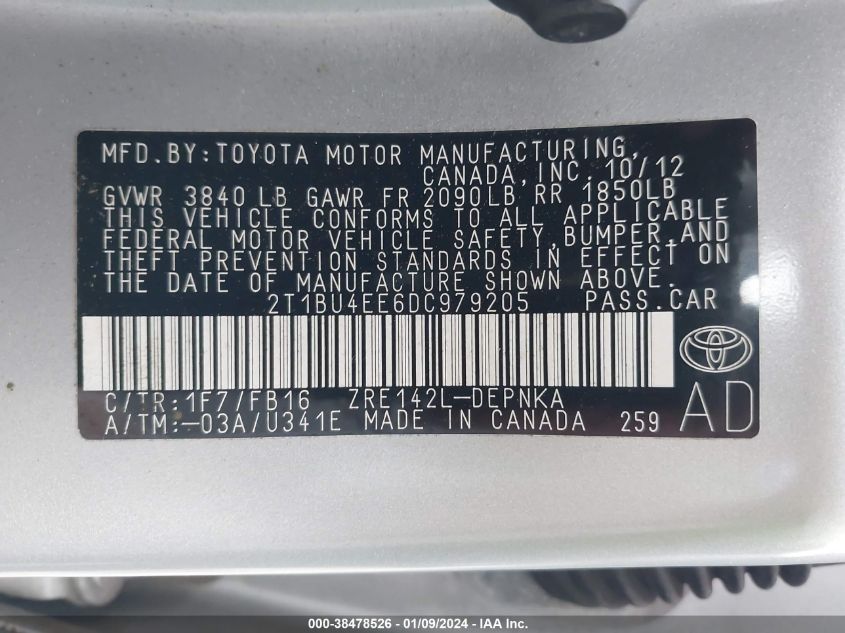 2T1BU4EE6DC979205 2013 Toyota Corolla S/Le