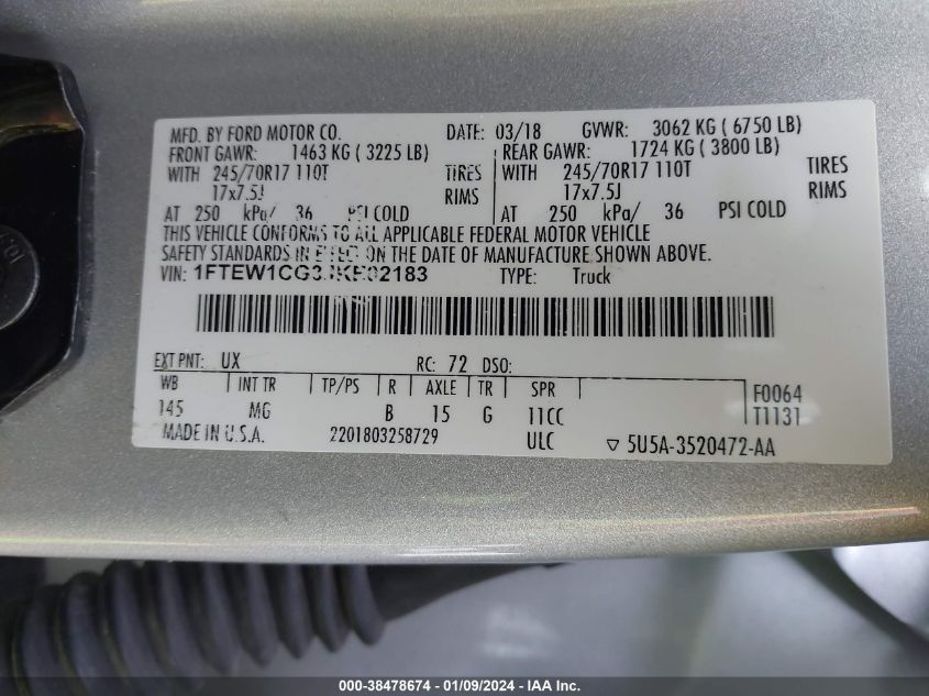 2018 Ford F150 Supercrew VIN: 1FTEW1CG3JKF02183 Lot: 38478674